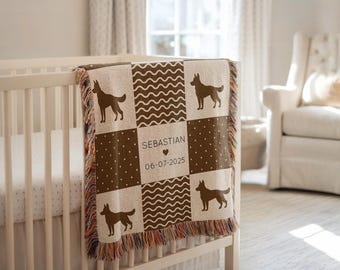 Personalized German Shepherd Baby Blanket, Custom Name Dog Throw with Date, Puppy Nursery Blanket Gift Baby Boy or Girl, Dog Lover Baby Gift