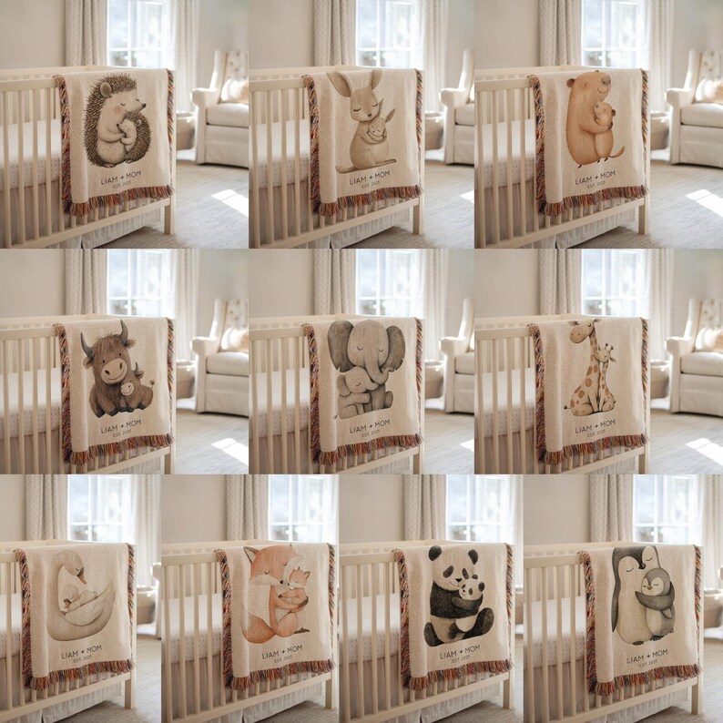 May include: A collection of baby blankets with various animal illustrations, including a hedgehog, rabbit, bear, yak, elephant, giraffe, swan, fox, panda, and penguin. Each blanket features a fringed edge and the text "LIAM + MOM" below the animal design.
