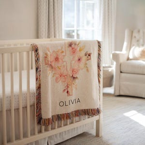 Personalized Baptism Baby Blanket, Christening Blanket for Girl, Floral Cross Woven Baby Blanket, Baptism Floral Cross Baby Gift