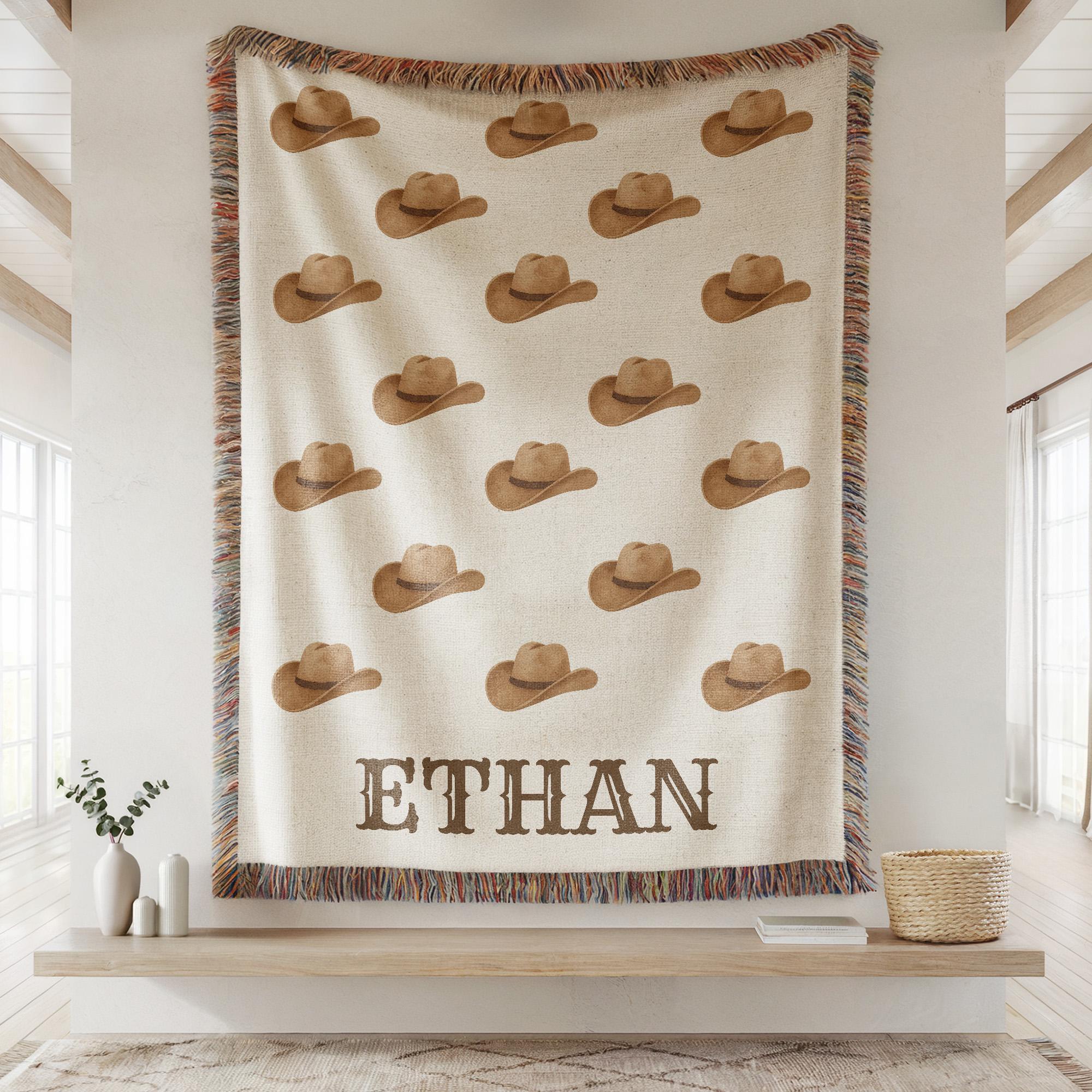 Personalized Cowboy Woven Baby Blanket, Baby Name Blanket with Cowboy Hat Pattern, Custom Newborn Gift, Western Baby Boy Crib Throw