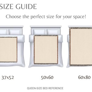 May include: Size guide graphic with three beds displaying different blanket sizes: 37x52 inches, 50x60 inches, and 60x80 inches. Text reads "SIZE GUIDE" and "Choose the perfect size for your space!" The reference is for a queen-size bed.
