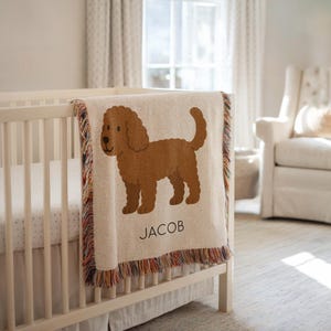 Personalized Goldendoodle Baby Blanket, Custom Name Goldendoodle Throw with Date, Cute Dog Lover Gift, Baby Shower Gift for Dog Family