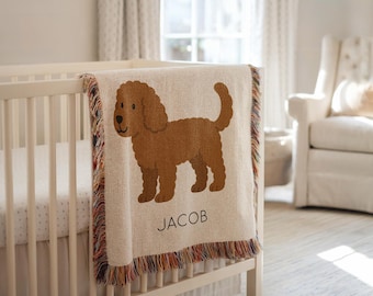Personalisierte Goldendoodle Babydecke, Name Goldendoodle werfen mit Datum, niedliches Hundeliebhaber Geschenk, Babypartygeschenk für Hundefamilie