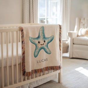 Personalized Starfish Baby Blanket, Ocean Theme Nursery Throw with Name, Custom Baby Shower Gift for Boys or Girls, Sea Life Blanket