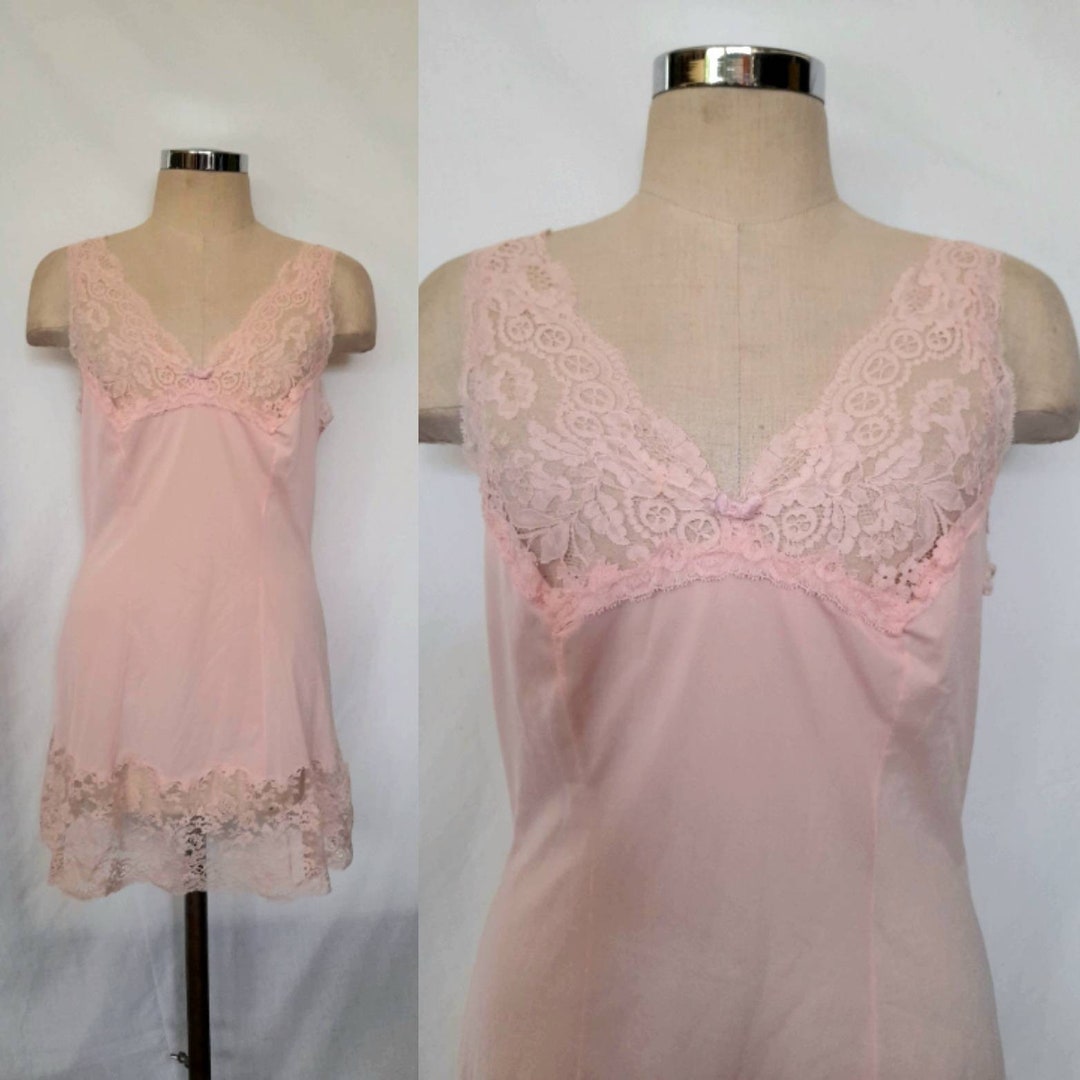 Vintage 60's Mod Pink Mini Slip Dress With Lace Bodice and Ruffle Trim ...