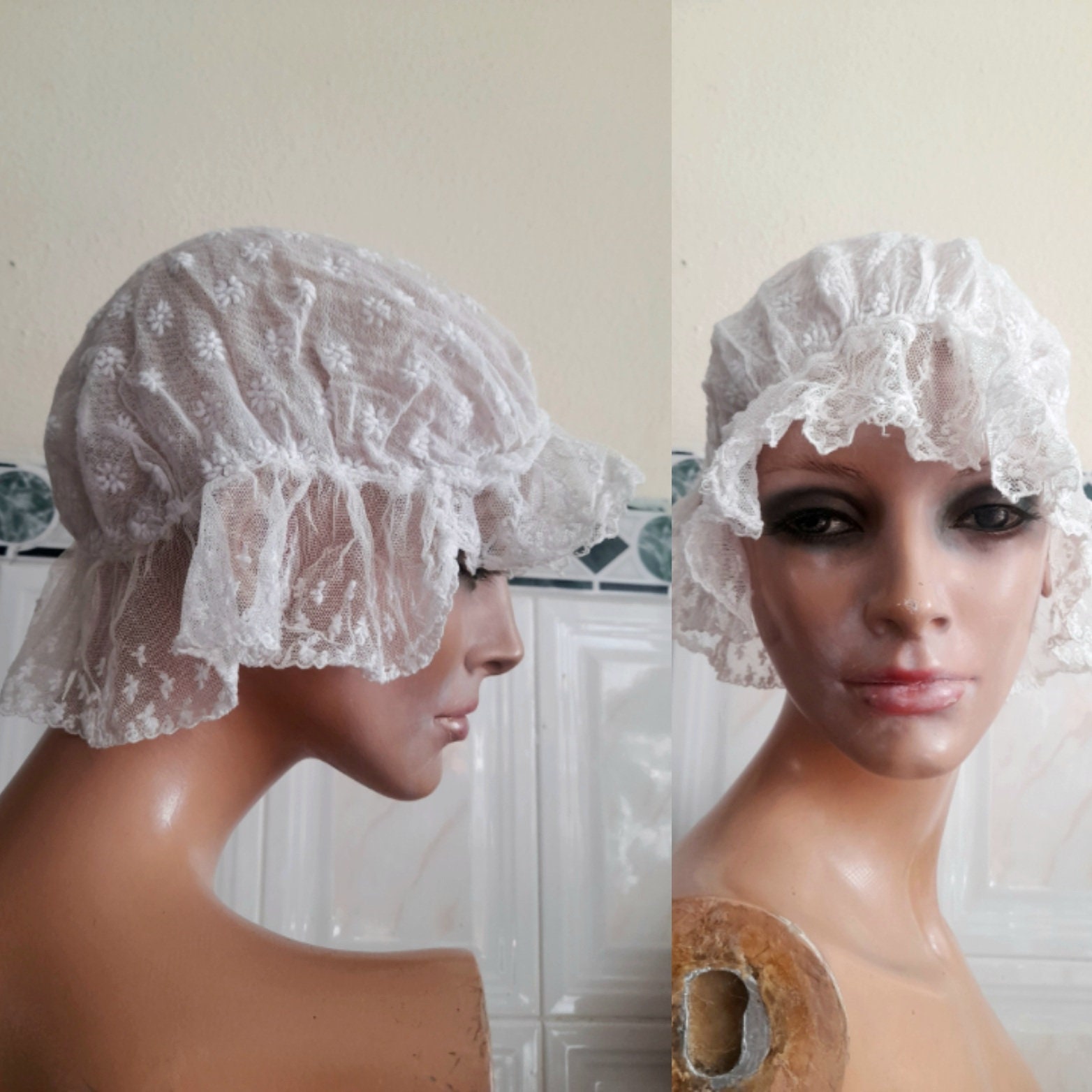Antique Boudoir Cap, Bonnet, Circa 1910's, 1920's in White