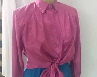 Vintage vibrante rosa caliente thai camisa de seda blusa