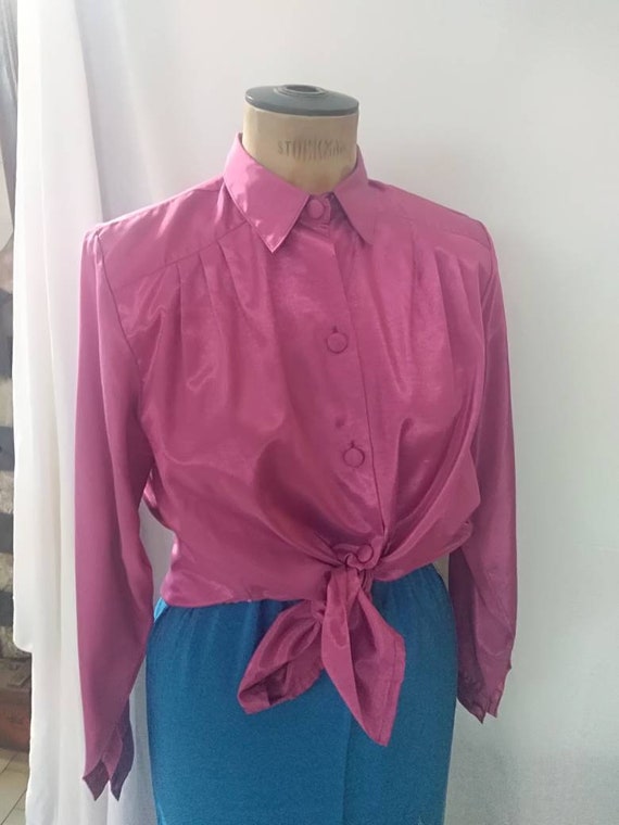 Vintage Vibrant Hot Pink Thai Silk Shirt Blouse - image 1