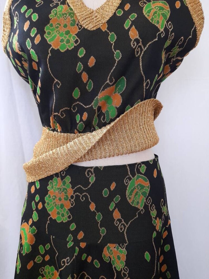 Boho Chic Vintage 70/'s Disco Fashion Maxi Skirt and Top with knitted Lurex Waist band and Trim