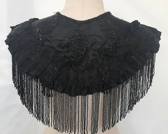 Antique Late 19th Century, Victorian Embroidered Capelet with Beaded Fringe, Mourning Cape, Gothic