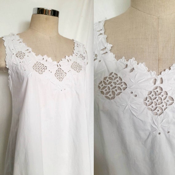 Vintage 30's French White Cotton Nightgown, Slip … - image 1