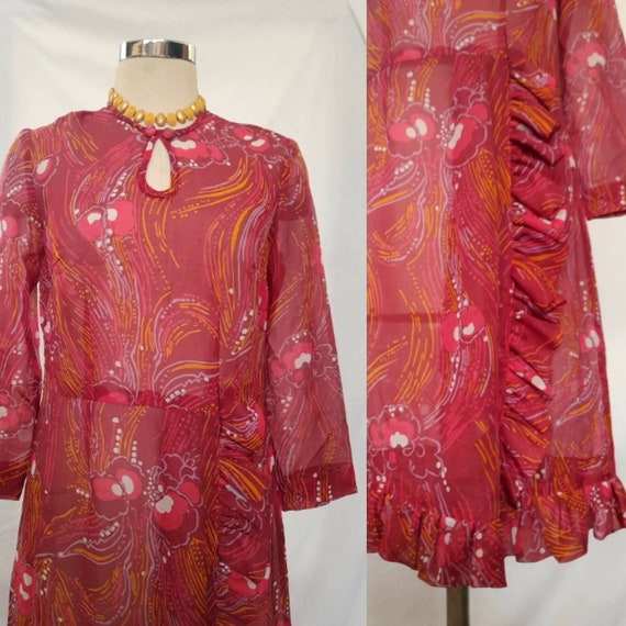 Vintage 70's, Dark Pink Semi Sheer Dress with Abs… - image 1
