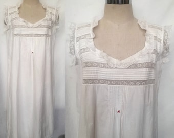 Early 20th Century, Antique White Linen Nightgown, Slip Dress, with Ribbed Top and Vallenciennes Lace Inserts, Edwardian