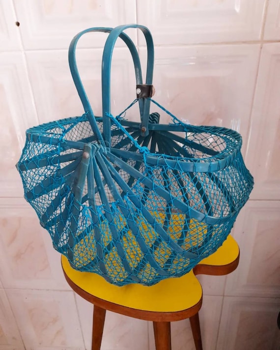 Rare Vintage 60's Japanese Bamboo and Fishnet Folding Basket, Handbag,  Collapsible Bag 