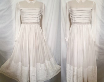 Robe éthérée vintage des années 30 en mousseline de coton blanche, ajustée et évasée, robe de sainte communion