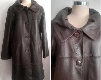 Vintage 80's Oversized Brown Leather Jacket  with Pleated Collar, Winter Coat