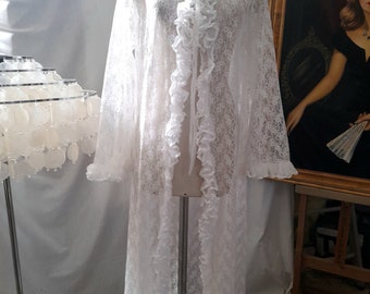 Vintage 70's White Floral Lace Semi Sheer Peignoir, Robe with Long Flare  Sleeves and Ruffled Trim, Vintage Lingerie