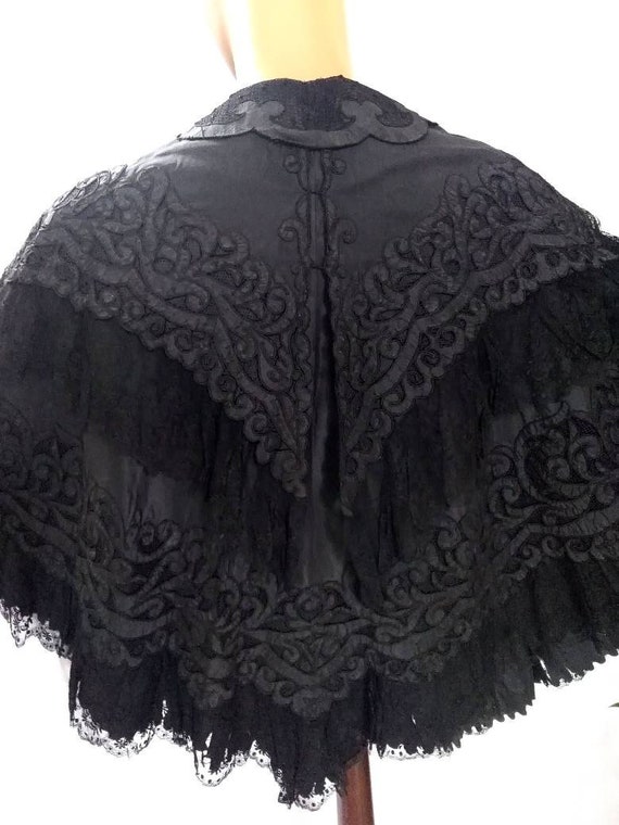 Antique Victorian Black Silk Exquisite Embroidery Lace Trimmed
