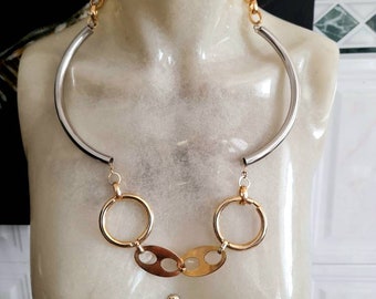Vintage 70's Midcentury  Modernist Mix Metal Oversized Necklace, Upcycled