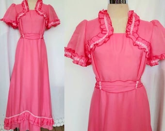1970's Girlish Pink Boho Maxi Dress with Ruffle Trim, Prairie Dress, Prom Dress