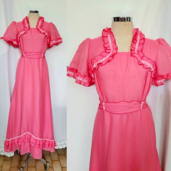 Vintage 1970s Pink Puff Sleeved Dress with Ribbons and Ruffles Vintage 1970s Pink Puff Sleeved Dress with Ribbons and Ruffles