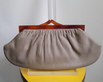 Vintage 60's Beige Leather Clutch, Purse, with Tortoiseshell  Lucite Frame, Evening Bag