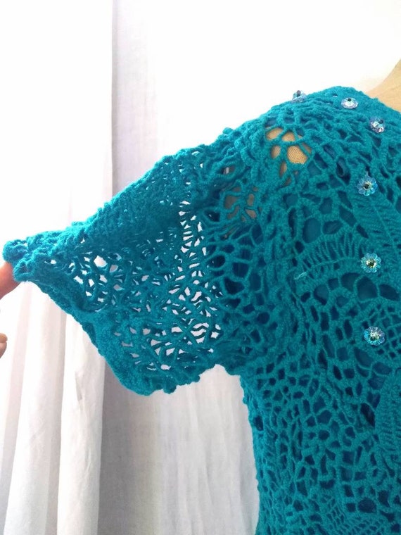 Vintage 60's Turquoise Irish Lace Crochet Dress, … - image 3