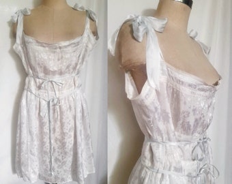 Vintage 50's Costume Made Floral Jacquard Rayon Nightgown, Slip Dress with Adjustable Silk Ribbons, Vintage Lingerie