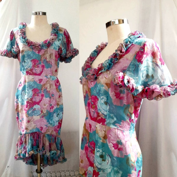 Cutest 60's Costume Made Floral Print, Ruffled, Assymetrical, Crazy Dress, One of a kind