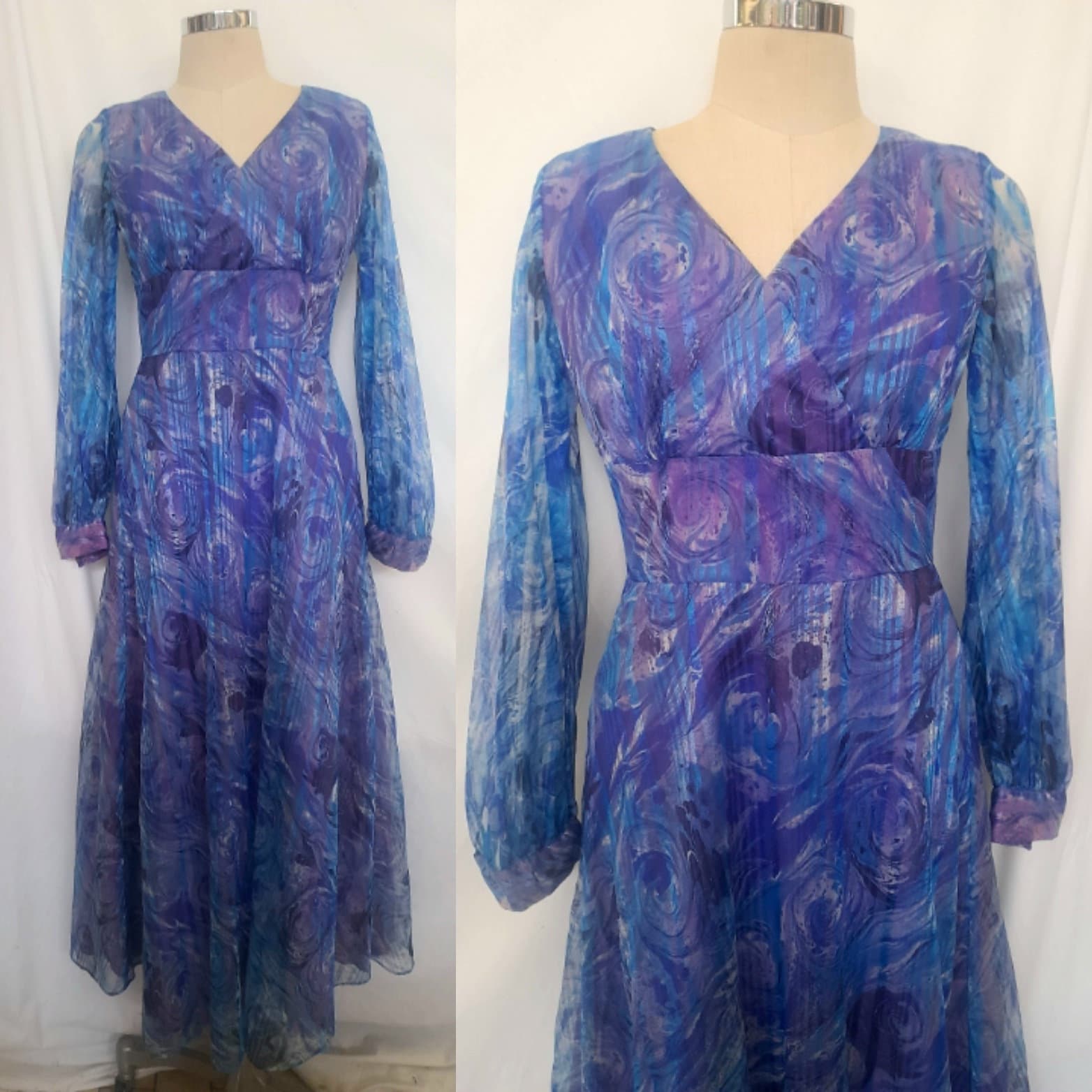Vintage 70's Maxi Dress With Semi Sheer Abstract Print, by Vintage 70's Maxi Dress With Semi Sheer Abstract Print, by