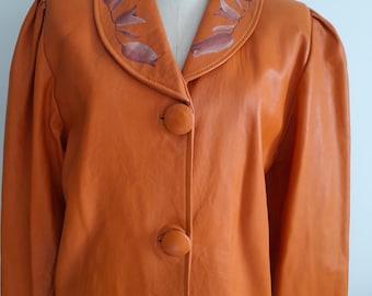Fabulous Vintage 80's Orange Leather Jacket, Coat with Painted Collar and Cuffs, One of a Kind