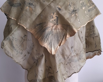 Vintage Olive Green Silk Scarf: Hand-Painted Ballet Dancers, Gold Accents, 1940s-50s