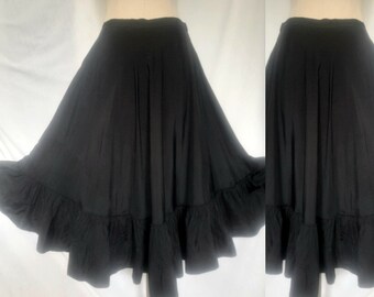 Vintage 40's 50's Bias Cut Black Rayon Midi Petticoat with Pleated Ruffle, Undergarment