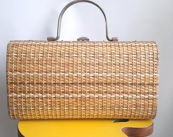 Vintage 70's 80's Rectangular Wicker Purse, Handbag, with Top Handles, Pinup Fashion