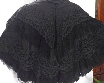 Antique Victorian Black Silk Exquisite Embroidery Lace Trimmed