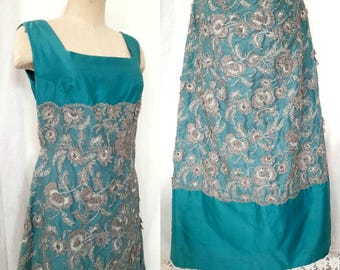 Late 60's  Turquoise Silk Shantung Cocktail Dress with Silvery Nude Lace Panel and Beaded Embroidery