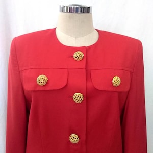 Vintage 1980s Coral Red Viscose Silk Jacket, Faux Pockets, Oversized  Gold Metal Buttons