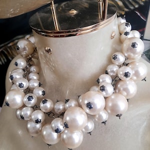 Vintage 60's 70's Oxidized Silver and Faux Pearls Necklace, Oversized, Modernist, Statement Necklace