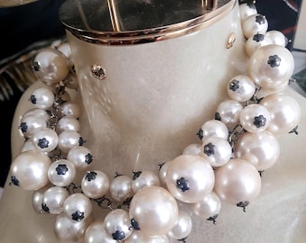 Vintage 60's 70's Oxidized Silver and Faux Pearls Necklace, Oversized, Modernist, Statement Necklace