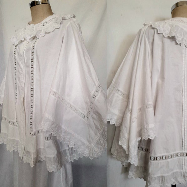 Rare Antique 1900-10's Edwardian Boudoir Jacket,  Peignoir  with Broderie Anglaise Ruffle Trim, Bed Jacket, Kimono Sleeves