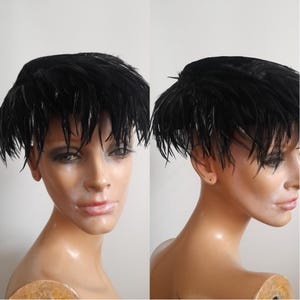 Vintage 50&#39;s Black Velvet and Feathers Hat, Bucket Hat