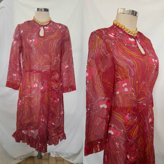 Vintage 70's, Dark Pink Semi Sheer Dress with Abs… - image 5