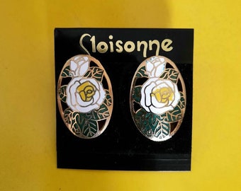 Vintage 90's Clip-on Cloisonne Oval Earrings, Enamel Rose Design