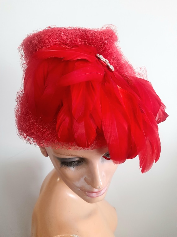 Vintage Red Feather Hat: 1950s-60s Party Headwear - Etsy display picture 1