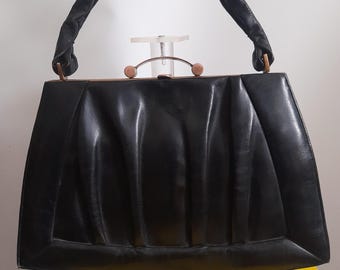 Vintage 30er 40er Jahre Schöne Schwarze Leder Handtasche mit Top Griff, Trapez Form