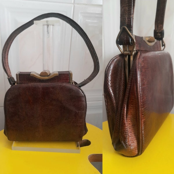 Vintage  30's Art Deco Lizard Skin Handbag, Top Handle Bag, Small Purse