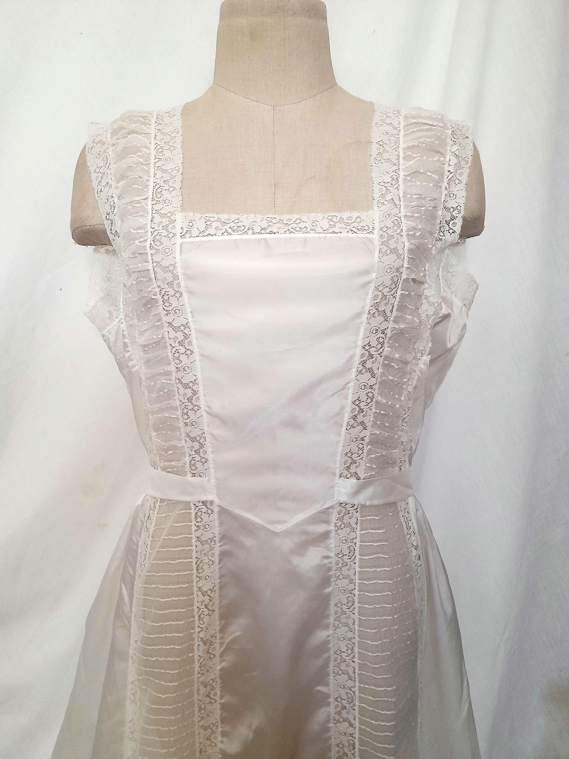 Vintage 40's Ivory White Satiny  Nightgown with Ribbed Organza and Lace Trim, Ethereal and Romantic