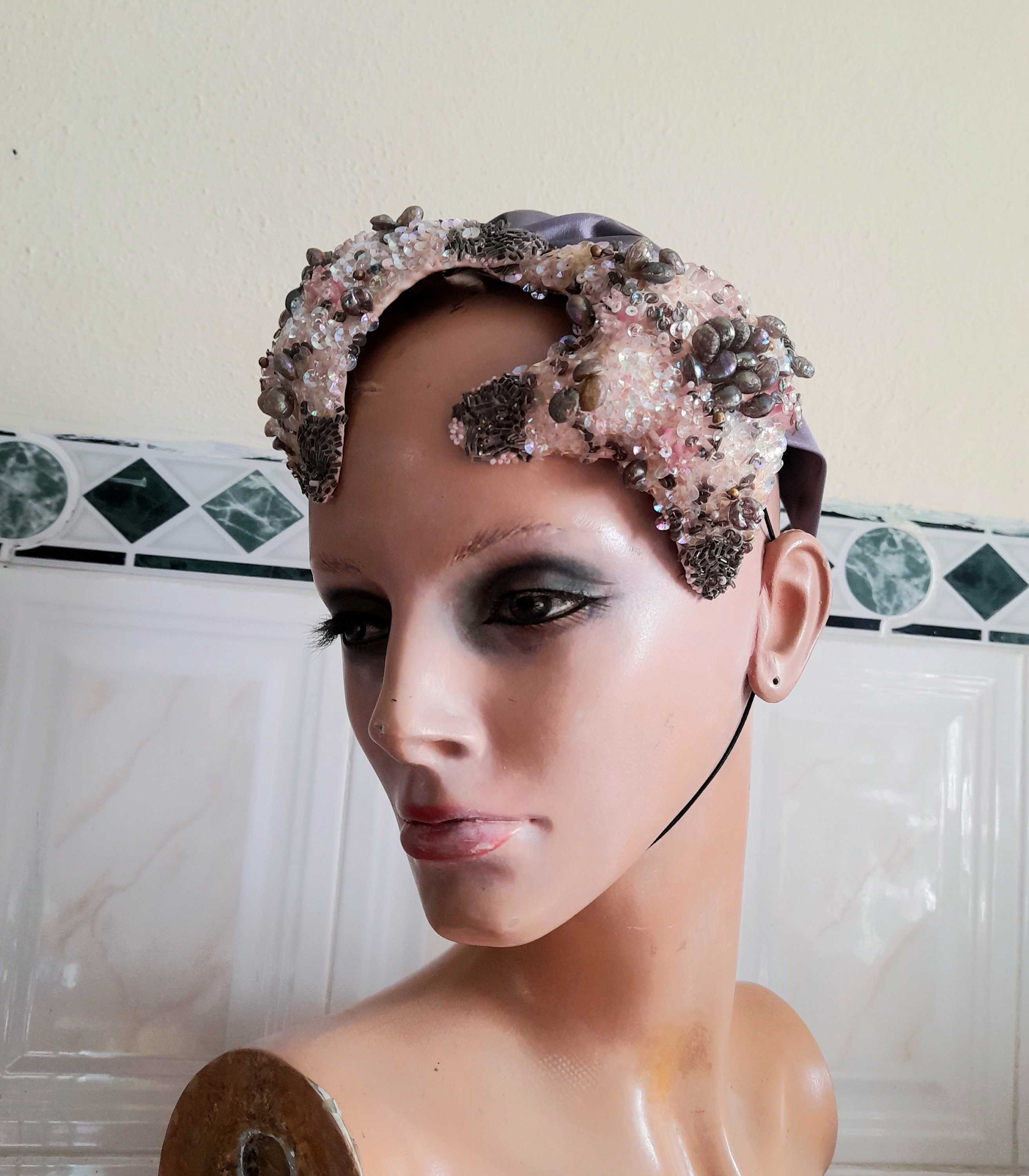 Vintage 40's 50's Striking Sequins and Stones Artistic Head