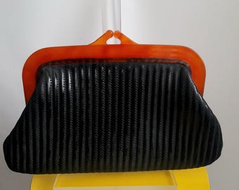 Vintage 50's Black Ribbed Leather Clutch, Purse with Orange  Lucite Frame, Evening Bag