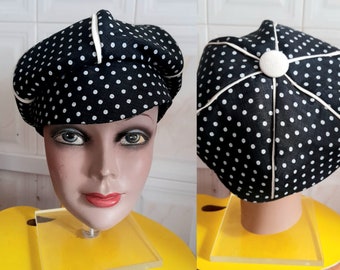 Vintage 60's 70's Black and White Polkadots Beret Hat, Mod Designed Beret, Summer Hat